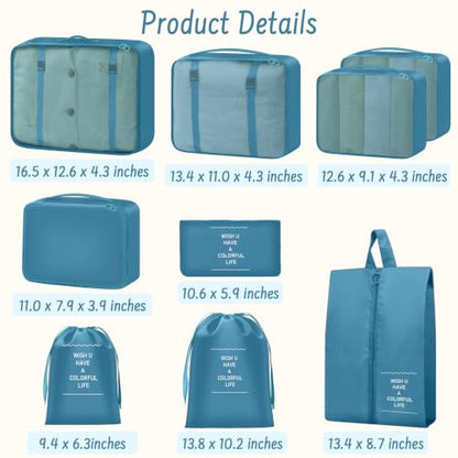 9 Set Packing Cubes for Travel Essentials - Lightweight Carry-On Luggage Organizer Bags with Shoe, Clothes & Laundry Bags for Airplane, Family & Business Travel, Lake blue - color: Lake blue
