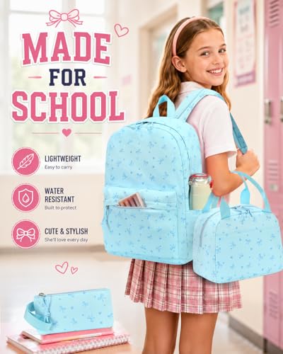 CAMTOP Girls Backpack with Lunch Box Set, Cute Bow School Backpack for Kids, 3-in-1 Lightweight Lunch Bag and Pencil Pouch - color: Blue Heart Bow
