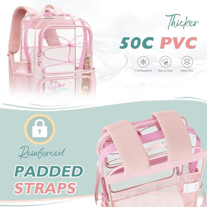 mommore Clear Backpack Heavy Duty Transparent Backpack Large See Through Bookbag for School - color: Pink