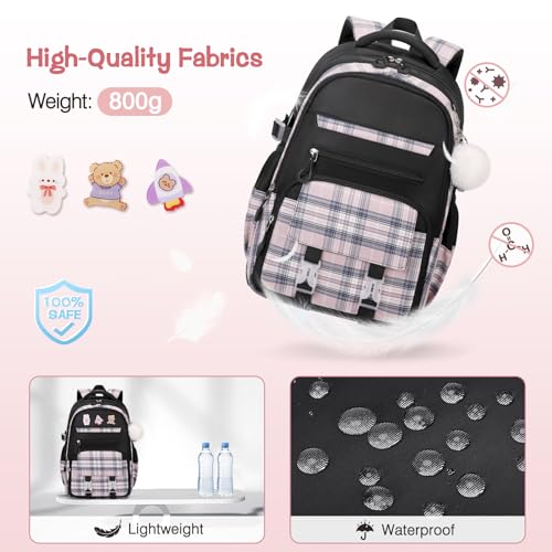3PCS School Backpack for Girls, Girls Backpack with Lunch Box, Pencil Case, Cute Kawaii Plaid Book Bag for Teen Girl Kindergarten Elementary Preschool Middle High School, Black Pink - color: Black