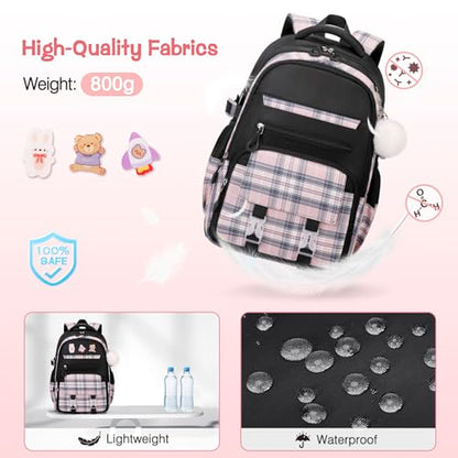 3PCS School Backpack for Girls, Girls Backpack with Lunch Box, Pencil Case, Cute Kawaii Plaid Book Bag for Teen Girl Kindergarten Elementary Preschool Middle High School, Black Pink - color: Black