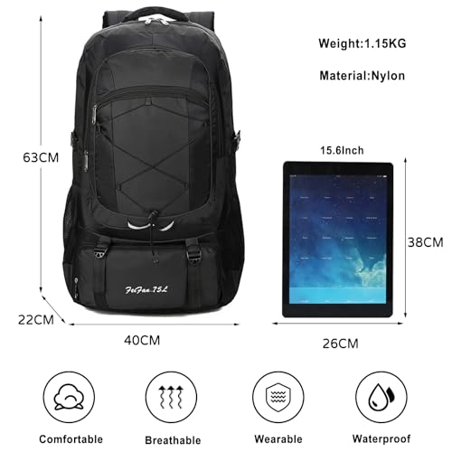 75L Hiking Backpack Trekking Rucksack Waterproof Daypack Durable Backpack for Women Men Camping Climbing Travel Outdoor Sports Black - color: Black