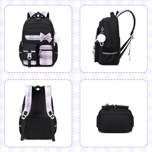 Girls Backpack, Kids Backpack for Girls School Bags with Pen Case, Bow Plaid Book Bag for Elementary Middle Primary High School College, Black-2pcs - color: Black