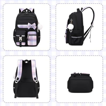 Girls Backpack, Kids Backpack for Girls School Bags with Pen Case, Bow Plaid Book Bag for Elementary Middle Primary High School College, Black-2pcs - color: Black