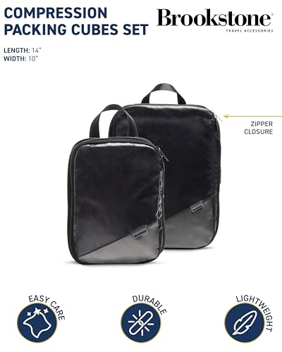 Brookstone Compression Packing Cubes Set - 2 Piece Small and Medium Carry On Luggage Travel Organizer and Compression Bags, Black