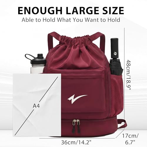 Sport Drawstring Backpack, Gym Bag with Mesh Side Pockets and Separate Shoe Compartment, Water-Resistant (Burgundy) - color: Burgundy