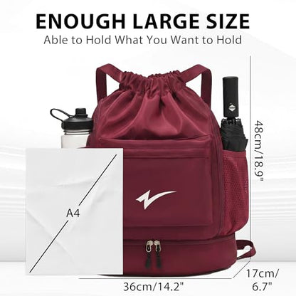 Sport Drawstring Backpack, Gym Bag with Mesh Side Pockets and Separate Shoe Compartment, Water-Resistant (Burgundy) - color: Burgundy