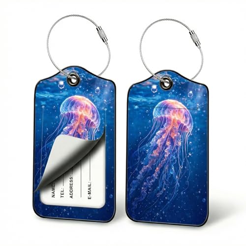 Jellyfish Luggage Tags for Suitcases, 2 Pack PU Leather Ocean Travel Tags | Privacy flap hides address card, steel wire loop fits aquarium totes, cruise pouches, beach bags, ferry rides and ocean fans - color: Jellyfish Design