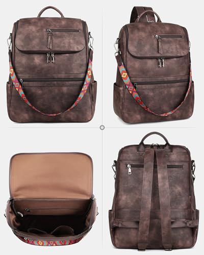 FADEON Laptop Backpack for Women Leather Travel Backpack with Laptop Compartment, Designer Ladies Computer Backpacks Coffee - color: Coffee Brown Retro Style