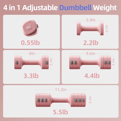 Lightweight Adjustable Dumbbell Kettlebell Set - 4 in 1 Free Weight Set with Kettlebell Grip Converter, Each 2.2 3.3 4.4 5.5lb Quick Change Weight Women Dumbbell Set for Small Spaces Home Gym - color: Adjustable Kettlebell Pink