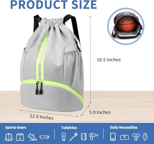 Drawstring Backpack Gym Bag with Shoe Compartment - Ideal for Basketball, Swimming, Beach Activities, Unisex - color: Silver Grey