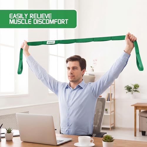 Stretching Strap for Physical Therapy and Home Rehab, 10 Loops Non-Elastic Yoga Strap for Hamstring, Calf and Back Stretching, Mobility, Exercise, Pilates, Flexibility - color: Green