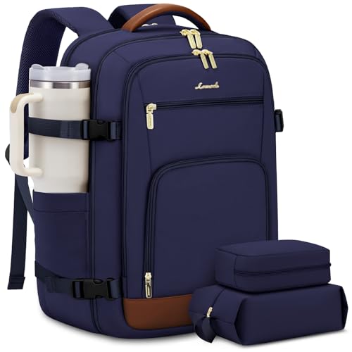 LOVEVOOK Travel Backpack For Women Flight Approved, 40L Large Carry On Backpack, Personal Item Travel Bag for Airplanes, Business 17 Inch Laptop Backpack, Weekender Overnight Daypack, With 2 Cubes - color: Dark Blue-brown, size: 40l-17.3 Inch-3pcs