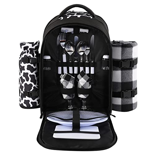 apollo walker Picnic Backpack Bag for 2 Person with Cooler Compartment, Detachable Bottle/Wine Holder, Fleece Blanket, Plates and Cutlery Set (2 Person, Black) - color: Black, size: 2 Person