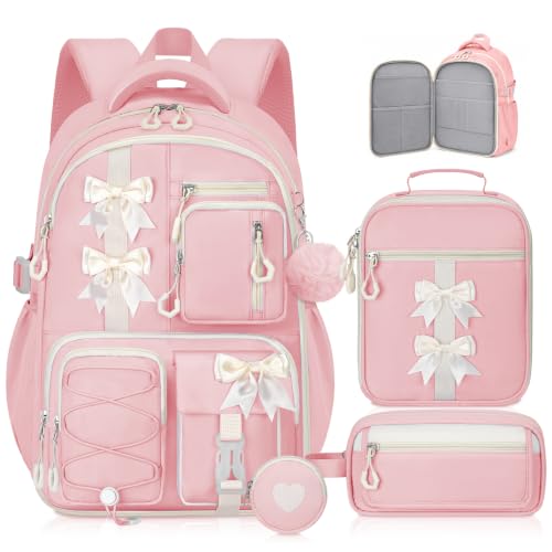 Girls Backpack with Lunch Box Set, 4 PCS Cute Kawaii School Bookbag for Elementary Girls, Pink Aesthetic Large Laptop Backpack for Kids & Teens - color: Pink