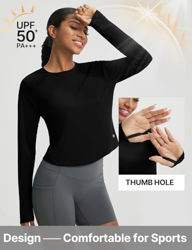 baleaf Women's UPF 50+ Long Sleeve Sun Shirts Crop Rash Guard UV Workout Tops SPF Slim Fit Lightweight Athletic Hiking - color: Black, size: Medium