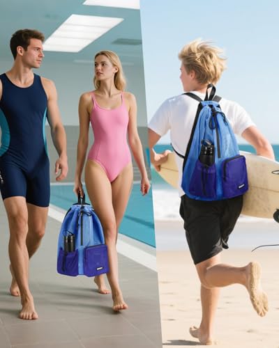 WANDF Swim Bag for Swimmers, Mesh Beach Backpack - color: Blue With 2 Front Pockets, size: Large