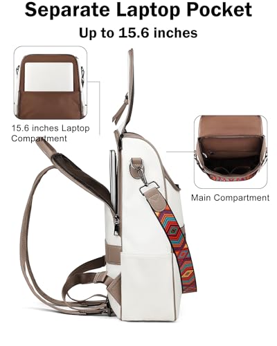 FADEON Laptop Backpack for Women Leather Travel Backpack with Laptop Compartment, Designer PU Shoulder Laptop Bag White - color: White Retro Style