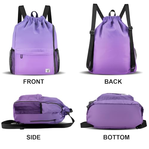 Drawstring Backpack with Mesh Pockets String Gym Bag Sackpack Sandproof Water Resistant Beach Backpack for Men Women - color: Light Purple Gradient