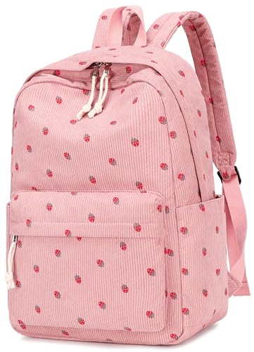 Bluboon School Backpack for Teen Girls Bookbags Elementary High School Corduroy Laptop Bags Women Travel Daypacks - color: Corduroy Strawberry Pink