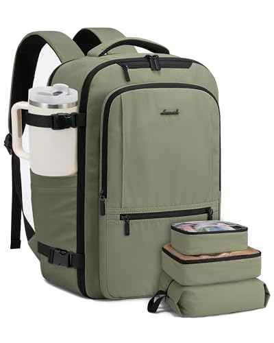LOVEVOOK Travel Backpack for Women & Men, 50L Large Carry On Backpack Airline Approved, TSA Personal Item Weekender Bag, Water Resistant Laptop Backpacks with 3 Packing Cubes for Travel Essentials - color: Green, size: 19 Inch - 4 Pcs