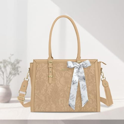 MOSISO Laptop Bag for Women, 17-17.3 inch PU Leather Tote Bag Compatible with MacBook, HP, Dell, Asus Notebook, Front Embossed Retro Hibiscus Computer Bags with Silk Scarf&Clutch Purse, Apricot - color: Apricot, size: 17.3 inch