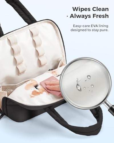 Wandering Nature Standing Makeup Bag for Travel, Portable Fold-down Cosmetic Organizer, Puffer Open Make Up Pouch with Handle & Divider & Brush Holder, Easy Clean Toiletry Bag with EVA Lining - color: A2: Black
