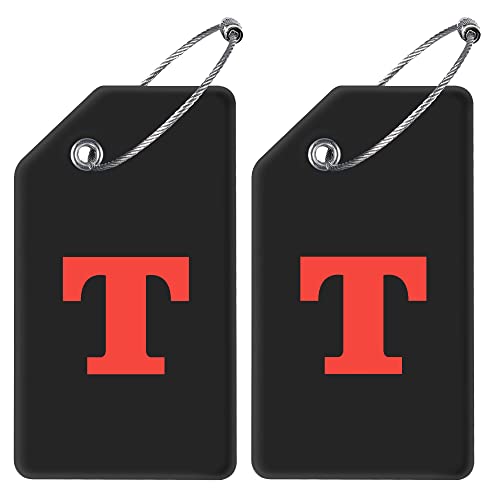 Gostwo 2 Pack Silicone Luggage Tags for Suitcases, 26 Initial Letter Baggage Labels Handbag School Bag Suitcase Instrument Tag with Stainless Steel Loop(Black)(Letter T) - color: Black, size: T
