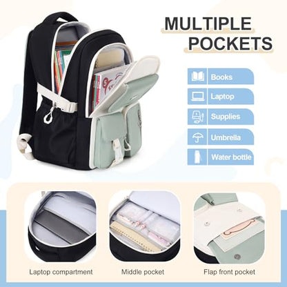 DIGOBAY Backpacks for Girls, 3PCS School Backpack with Lunch Box Pencil Pouch for Teen Girls Kids Elementary Primary Middle High College Travel School bag Bookbag Set （Black Green） - color: Black Green