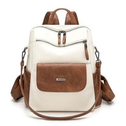 WYFJNX PU Leather Backpack Purse for Women Fashion Multipurpose Design Handbag Ladies Shoulder Bags Travel Backpack White Brown - color: White Brown