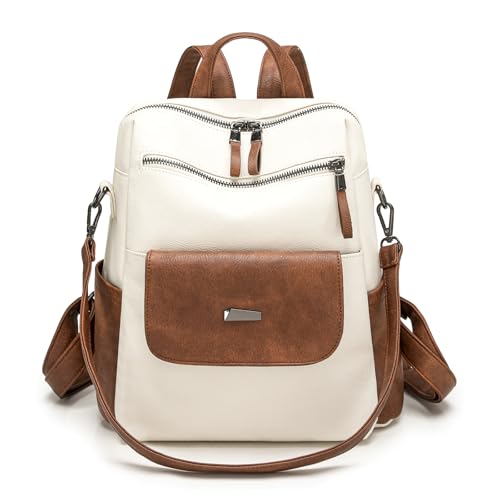 WYFJNX PU Leather Backpack Purse for Women Fashion Multipurpose Design Handbag Ladies Shoulder Bags Travel Backpack White Brown - color: White Brown