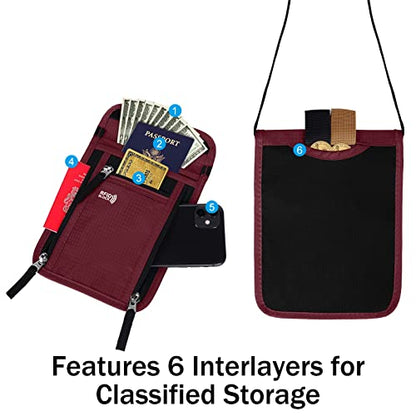 Travel Pouch Neck Wallet Family Passport Holder Organizer Case with RFID Blocking | Family Passport Holder - color: Wine Red