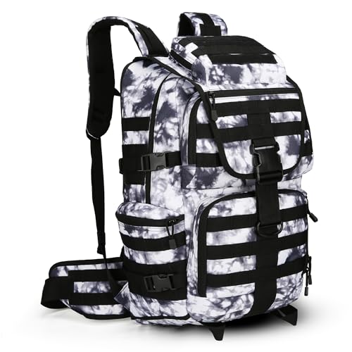 50L Military Tactical Backpack 3 Day Assault Pack Molle Daypack Hiking Backpack for Men and Women - color: Blackwhite Tie-dye