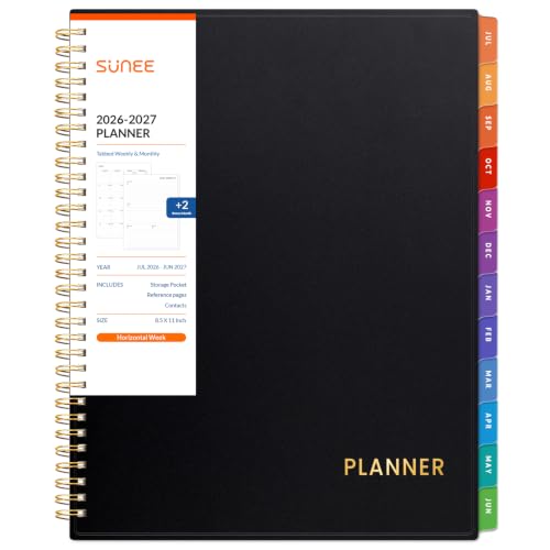 SUNEE Academic Planner 2026-2027 – Weekly & Monthly Planner, July 2026 to June 2027, 8.5"x11", Thick Paper, Tabs, Pockets, Bookmark, Spiral-Bound, Student Teacher Organizer, Black - color: Black