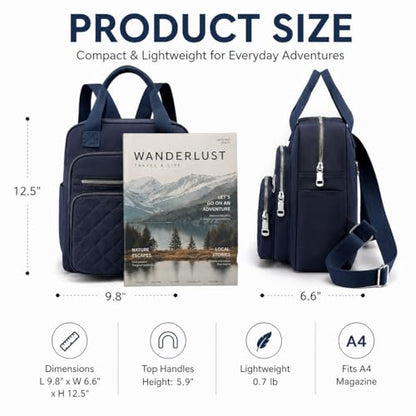 Small Backpack for Women Casual Quilted Square Bag Waterproof Multi Pockets Daypack Lightweight Top Handle Satchel - color: Dark Blue