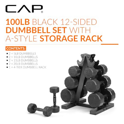 CAP Rubber Coated Hex Dumbbell Set with Storage Rack | 100–210 lb Options, Space-Saving Vertical Compact Storage for Home Gym Strength Training - size: 100 lb - Set, style: 12-Sided Black Handle