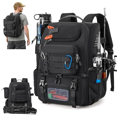 RAINSMORE Fishing Backpack with Rod Holders & Cooler 40L Water Resistant Tackle Backpack with Rain Cover Store Fishing Gear - color: Black