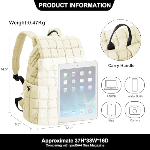 XSUIOY Quilted Backpack Purse for Women Small Lightweight Puffer Puffy College Laptop Backpack Nylon Casual Bookbag Daypack Top Flap Drawstring Padding Hiker Travel Gym Backpack(Beige) - color: Beige