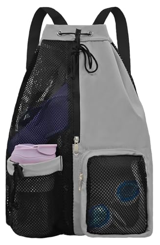 Mesh Beach Backpack with Wet Pocket Drawstring Pool Bag Waterproof Swimming Bag Gym Backpack for Men & Women - color: Grey