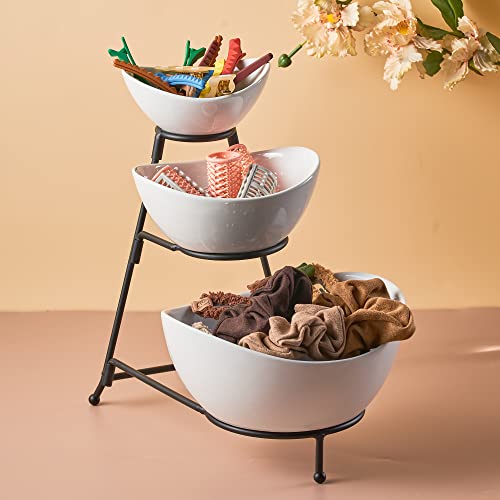 LYEOBOH 3 Tier Serving Bowls Set with Collapsible Thicker Metal Stand, Oval Serving Dishes for Entertaining Tiered Serving Stand for Fruit, Dessert, Candy, Chip and Dip (Black) - color: Black, style: Oval bowls