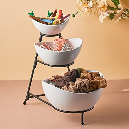 LYEOBOH 3 Tier Serving Bowls Set with Collapsible Thicker Metal Stand, Oval Serving Dishes for Entertaining Tiered Serving Stand for Fruit, Dessert, Candy, Chip and Dip (Black) - color: Black, style: Oval bowls