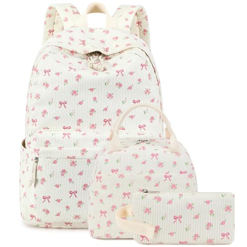 BTOOP School Backpacks for Teen Girls Bookbags Lightweight Kids Backpack School Bags Set with Lunch Box Pencil Case - color: A-pink Bow-flower