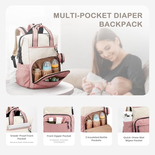 VONAL Diaper Bag Backpack, Lightweight Baby Diaper Bags, Travel Large Diaper Bag with Changing Station, Pink Diaper Backpack for Boys Girls Newborn with Insulated Pockets, Stroller Straps - color: Pink