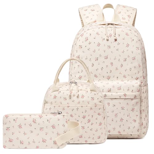 CAMTOP Girls Backpack with Lunch Box Set, Cute Bow School Backpack for Kids, 3-in-1 Lightweight Lunch Bag and Pencil Pouch - color: Flower-beige