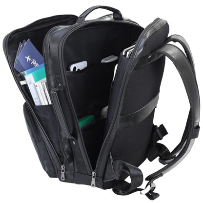 TIDING 17.3" Leather Laptop Backpack for Men Multi Pockets Casual Daypack Business Travel Rucksack, Black - color: Black