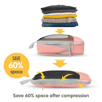 Compression Packing Cubes 8 Set, Dual Zipper Compression Packing Cubes for Travel, See-Through Mesh Packing Bags for Suitcases, Compression Travel Cubes with Shoe Bag (Pink) - color: 8 Set Pink