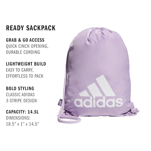 adidas Ready Sackpack – Drawstring Backpack Lightweight Small Gym Bag - color: Powder Plum Purple/White/1.0