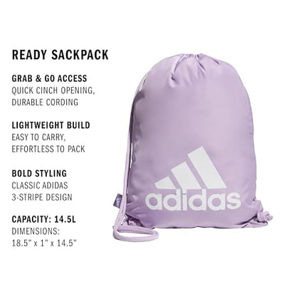 adidas Ready Sackpack – Drawstring Backpack Lightweight Small Gym Bag - color: Powder Plum Purple/White/1.0