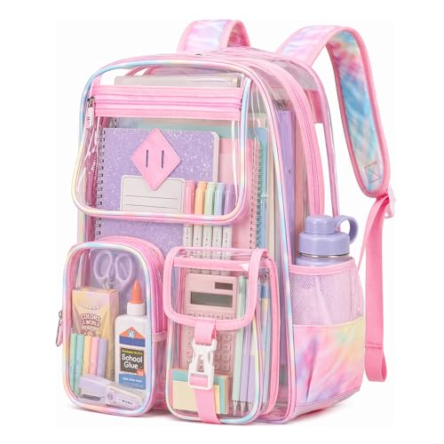 PIG PIG GIRL Clear Backpack for School,Heavy Duty PVC Transparent Bookbag for Girls Stadium Approved See Through Backpack - color: 10-pink Tie-dye