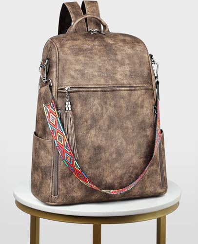 FADEON Leather Laptop Backpack for Women Designer 15.6 inch PU Laptop Bag, Ladies Travel Computer Work Backpack Grey - color: Coffee Brown